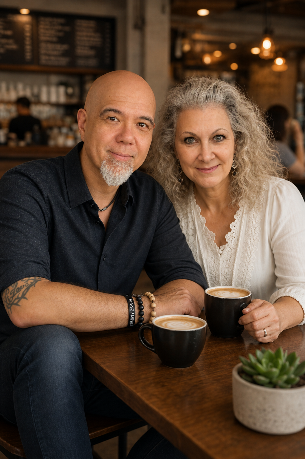 Jeff and Tonya Hoglen seated together in a coffee shop